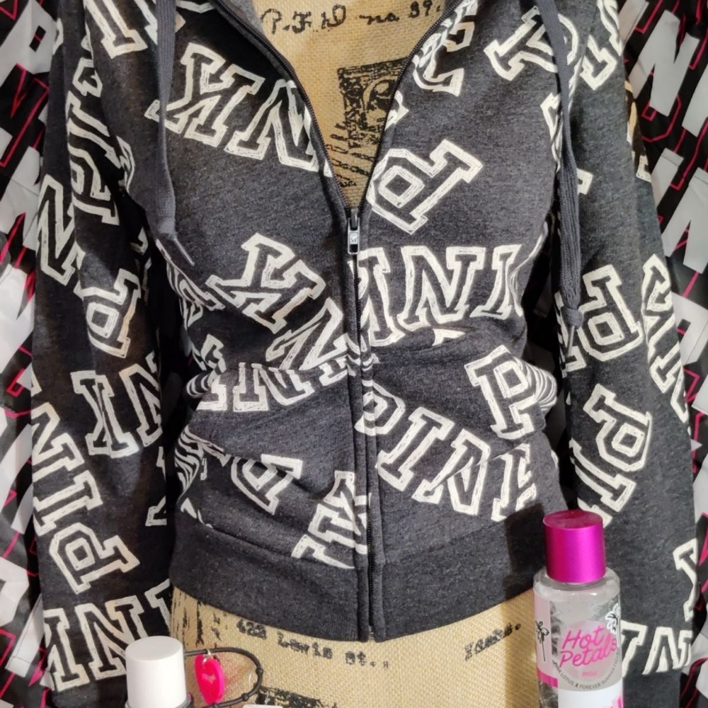 PINK Victoria's Secret Charcoal Gray Logo Zip Hoodie with White Lettering